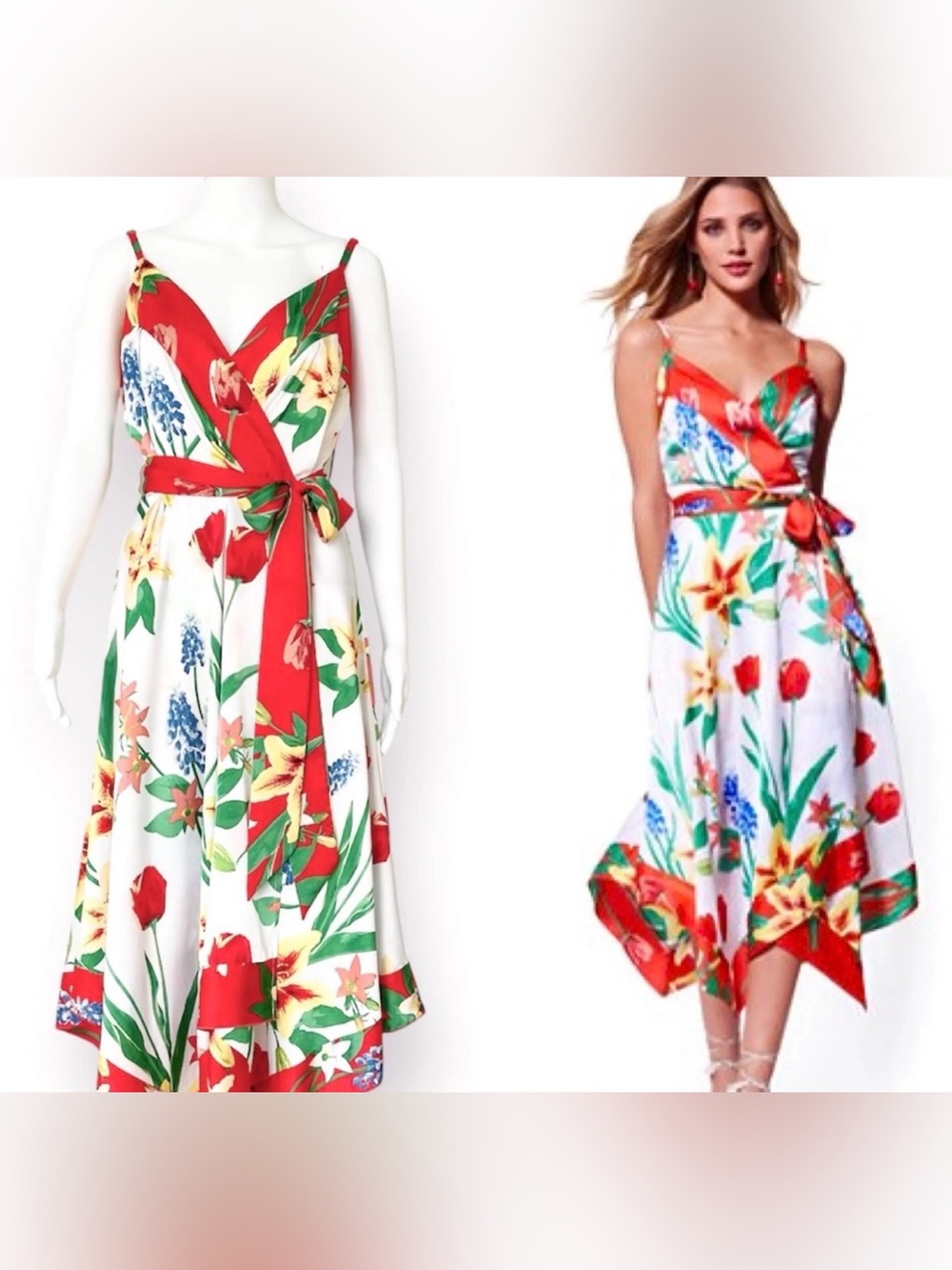NWOT- New York & Company Red and White Floral Satin Handkerchief Flowy Dress- M